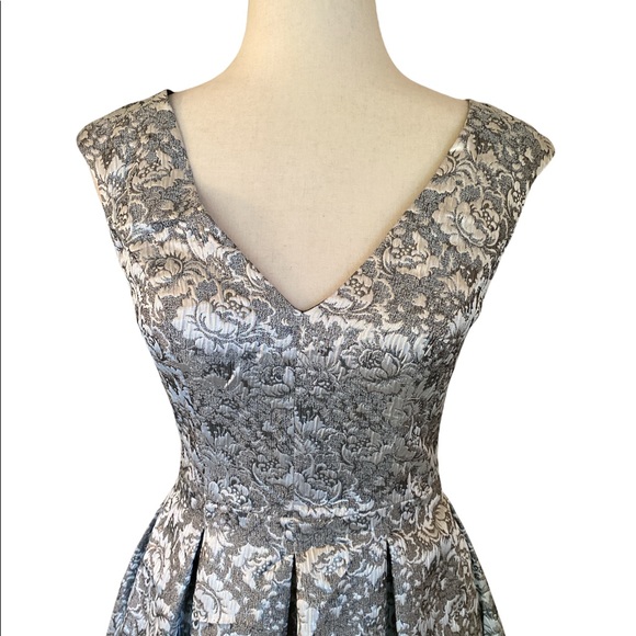 Aidan Mattox Metallic Silver Damask Fit & Flare Dress - 2 - Picture 2 of 12